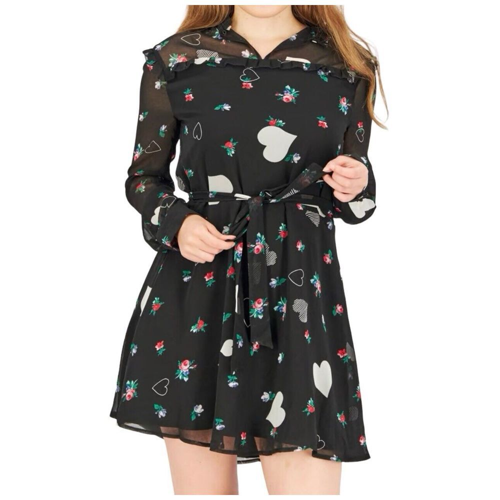 Avec Les Filles Dress Floral Heart Print Black Ruffle Long Sleeve Mini‎ Large